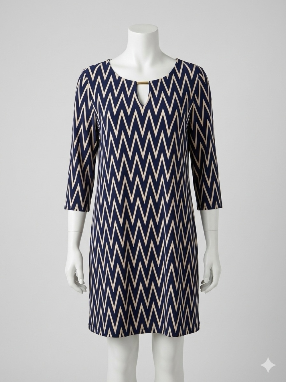 Tacera Navy and Cream Chevron Keyhole Shift Dress